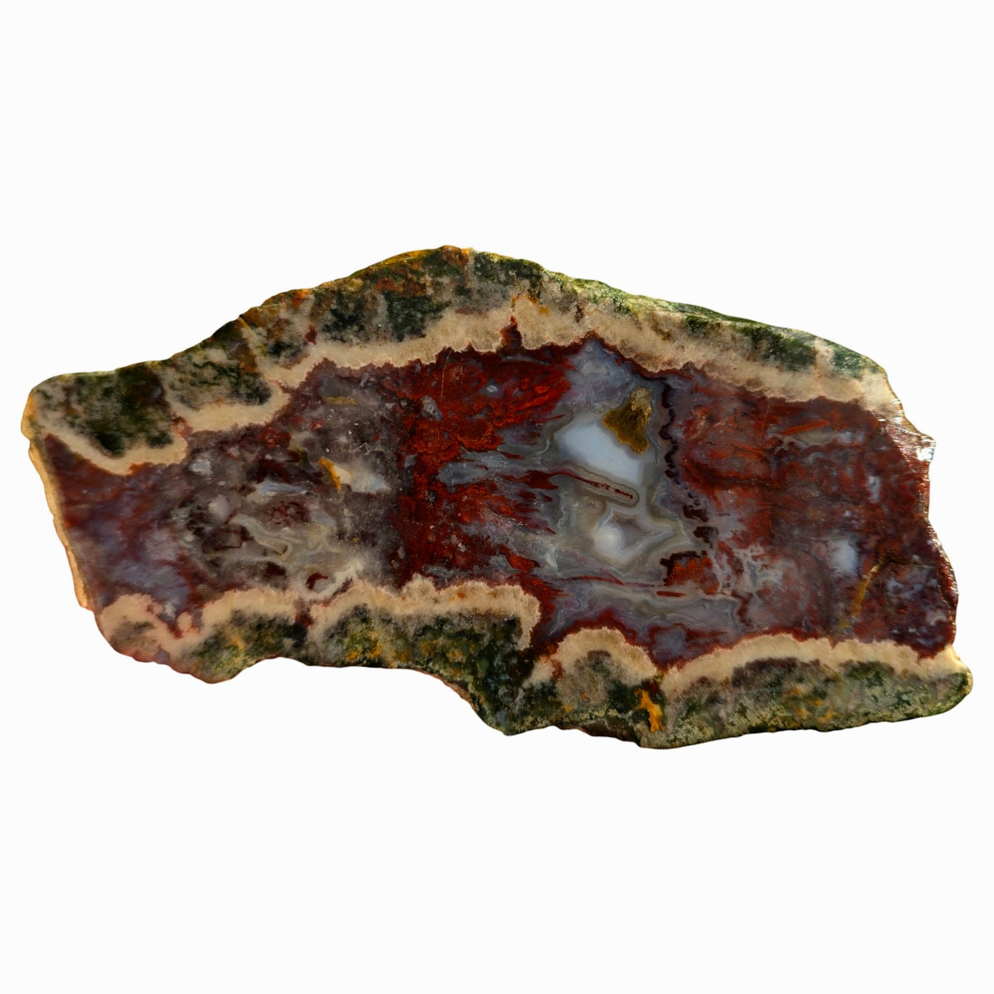 Red Lightning Agate Slab – Bright Red Moss Pattern Blue Patches #3756-Photo1
