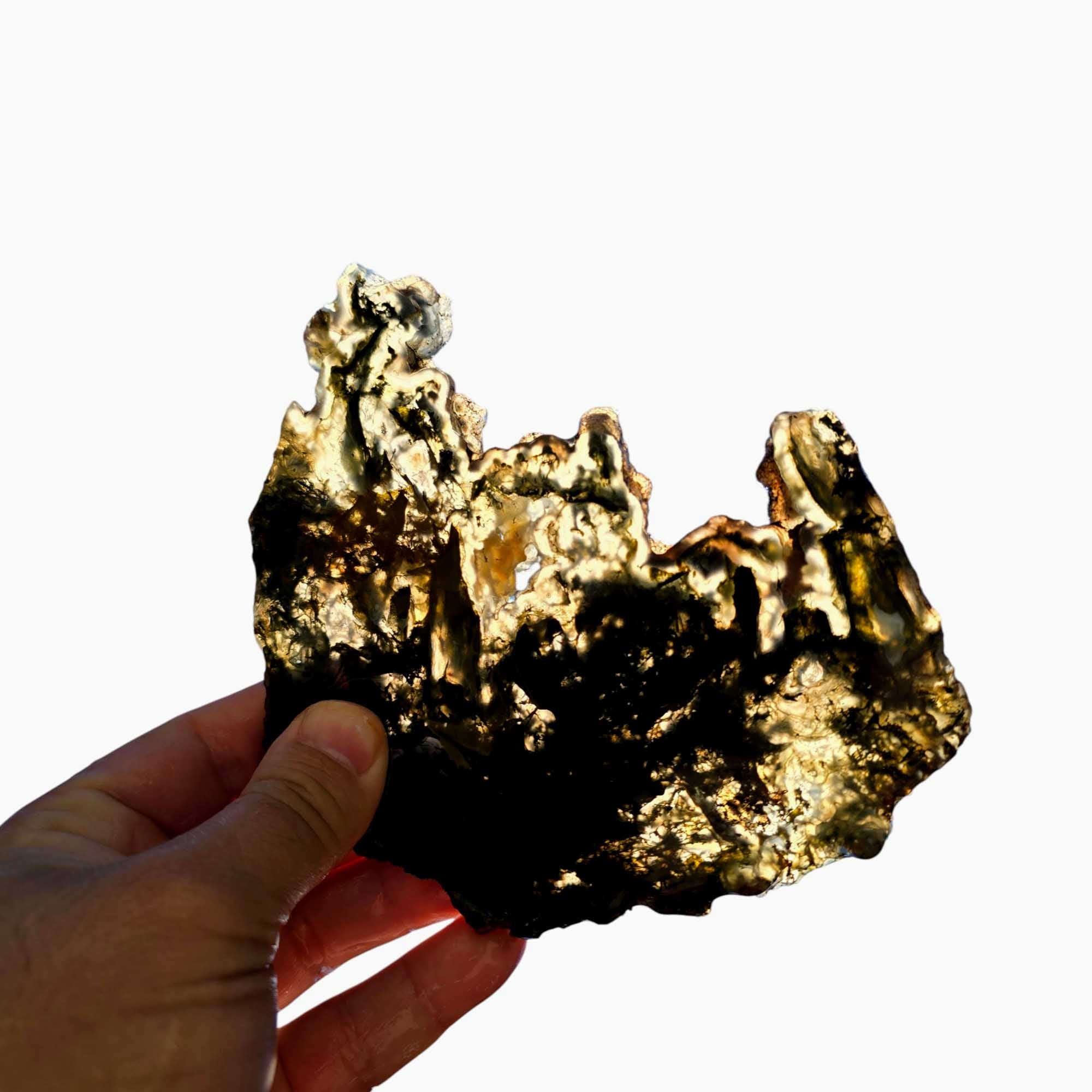 Maury Mountain Moss Agate Slab – Backlit Green Moss with Drusy Quartz