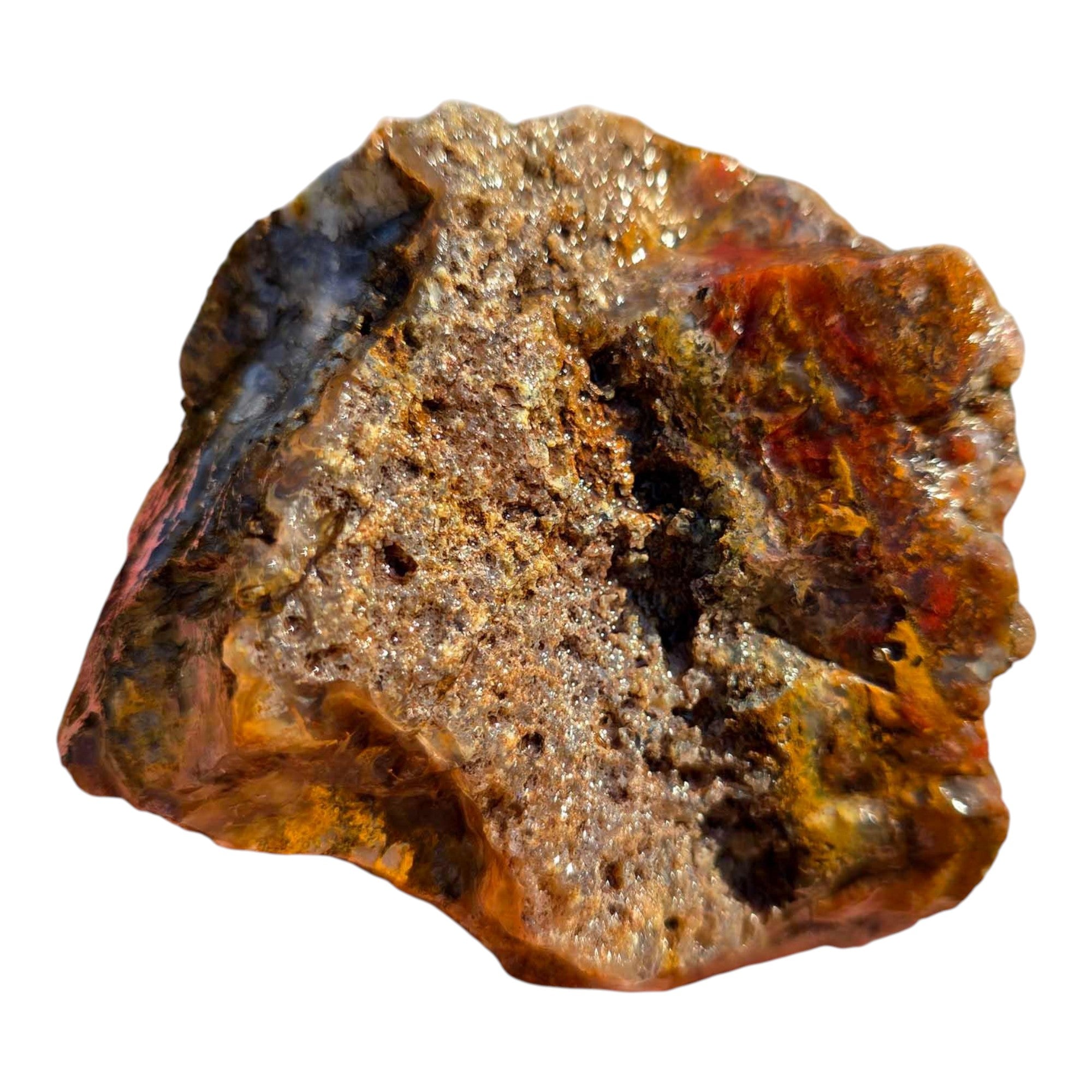 San Carlos Agate Rough – Bright Red & Gold Moss with Blue Agate Inclusions