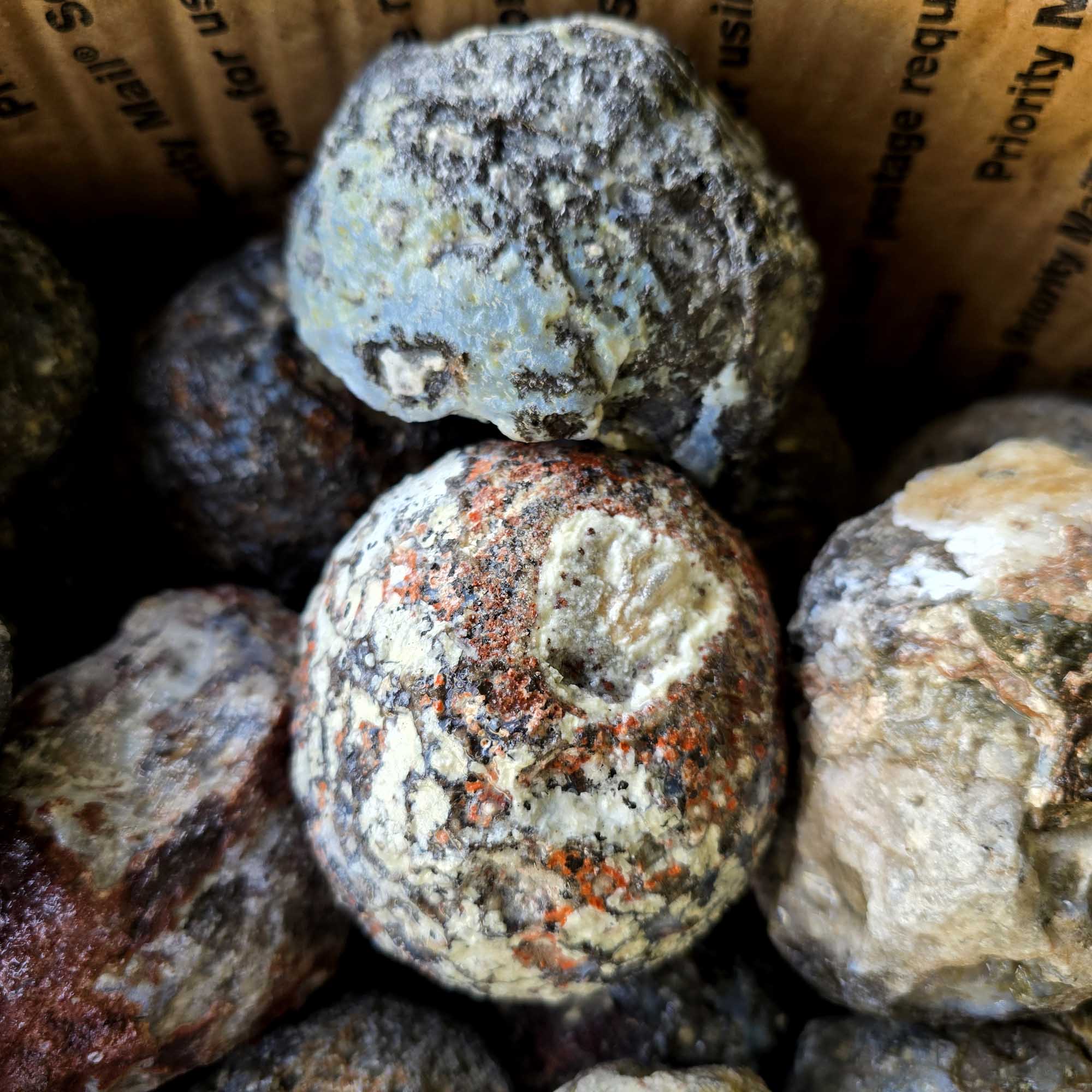 Solid Coconut Geode Flatrate Box Rough Stones Blue Agate and Quartz Interiors