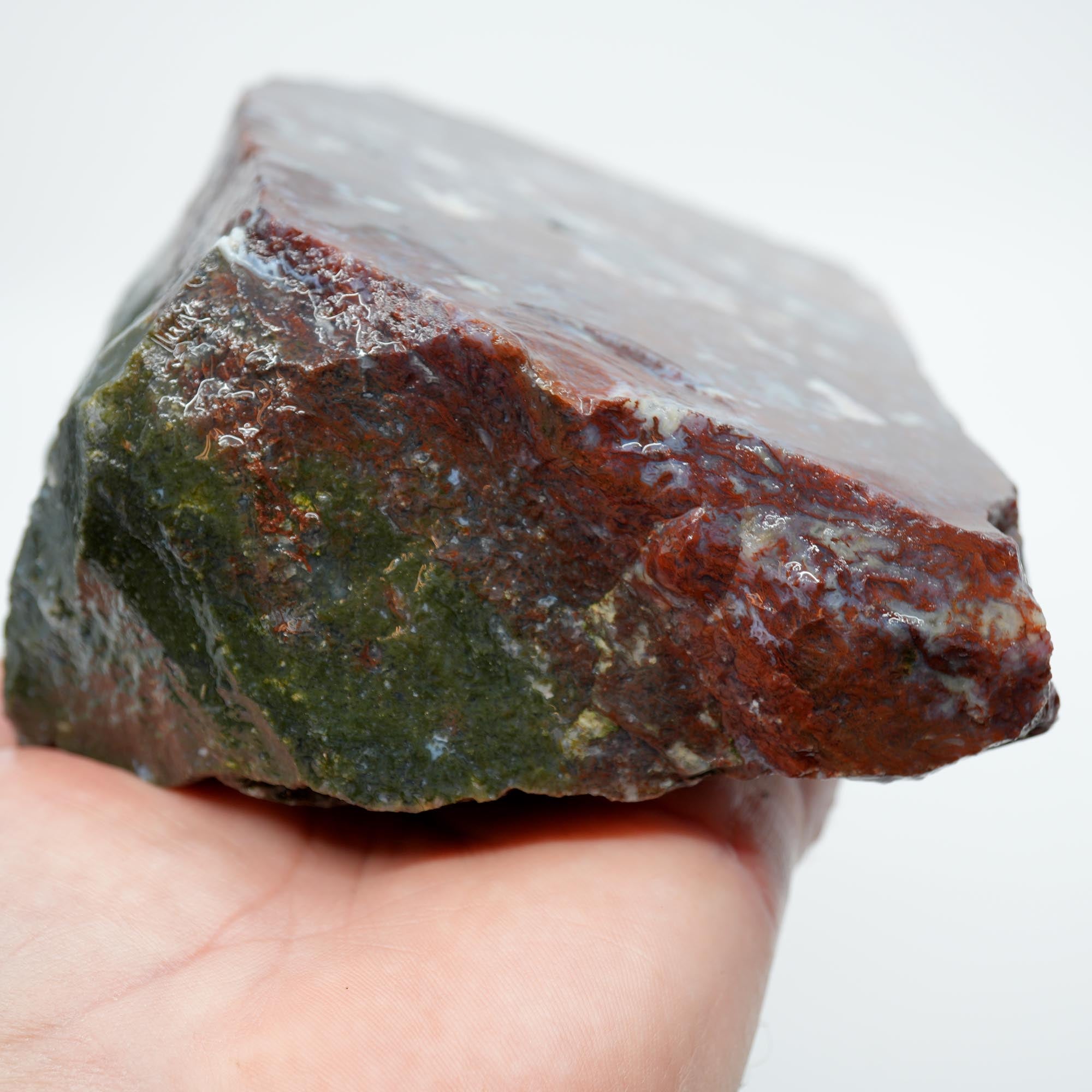 Maury Mountain Moss Agate Cut and Proven - Red Green Moss Bookend