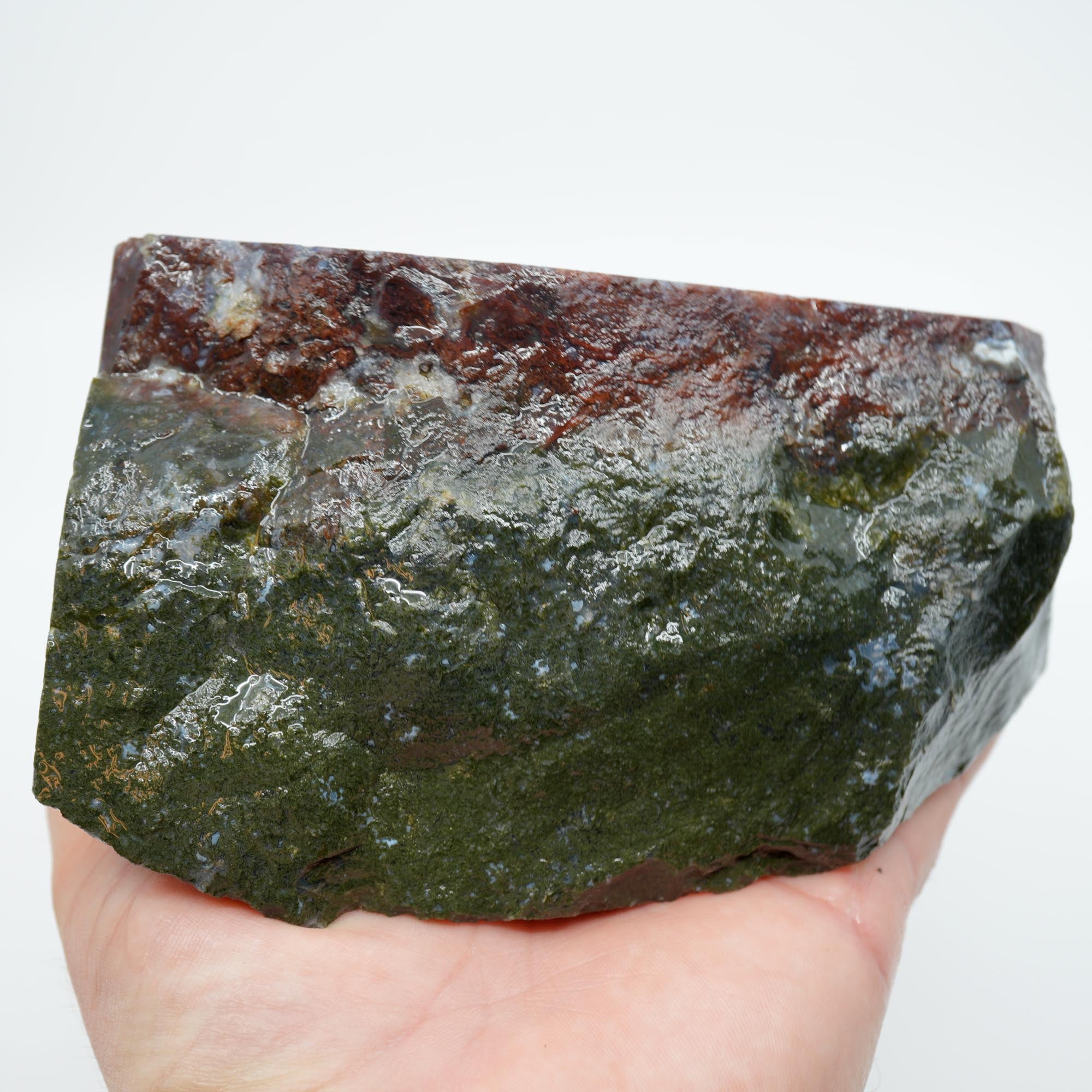 Maury Mountain Moss Agate Cut and Proven - Red Green Moss Bookend