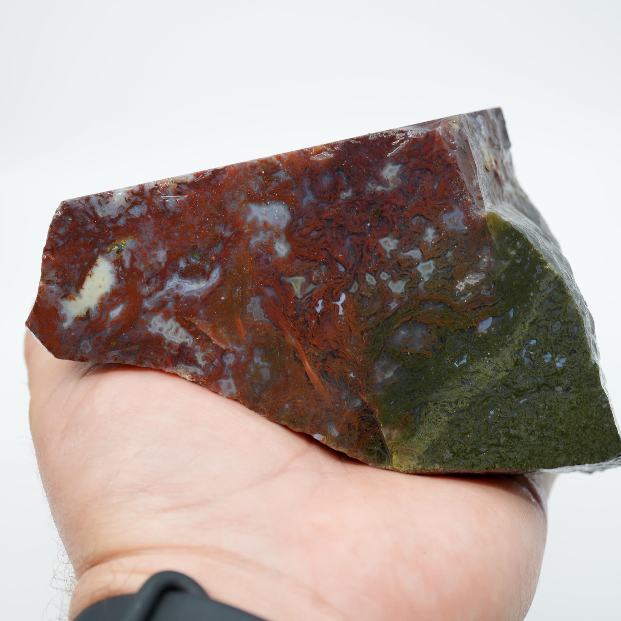 Maury Mountain Moss Agate Cut and Proven - Red Green Moss Bookend