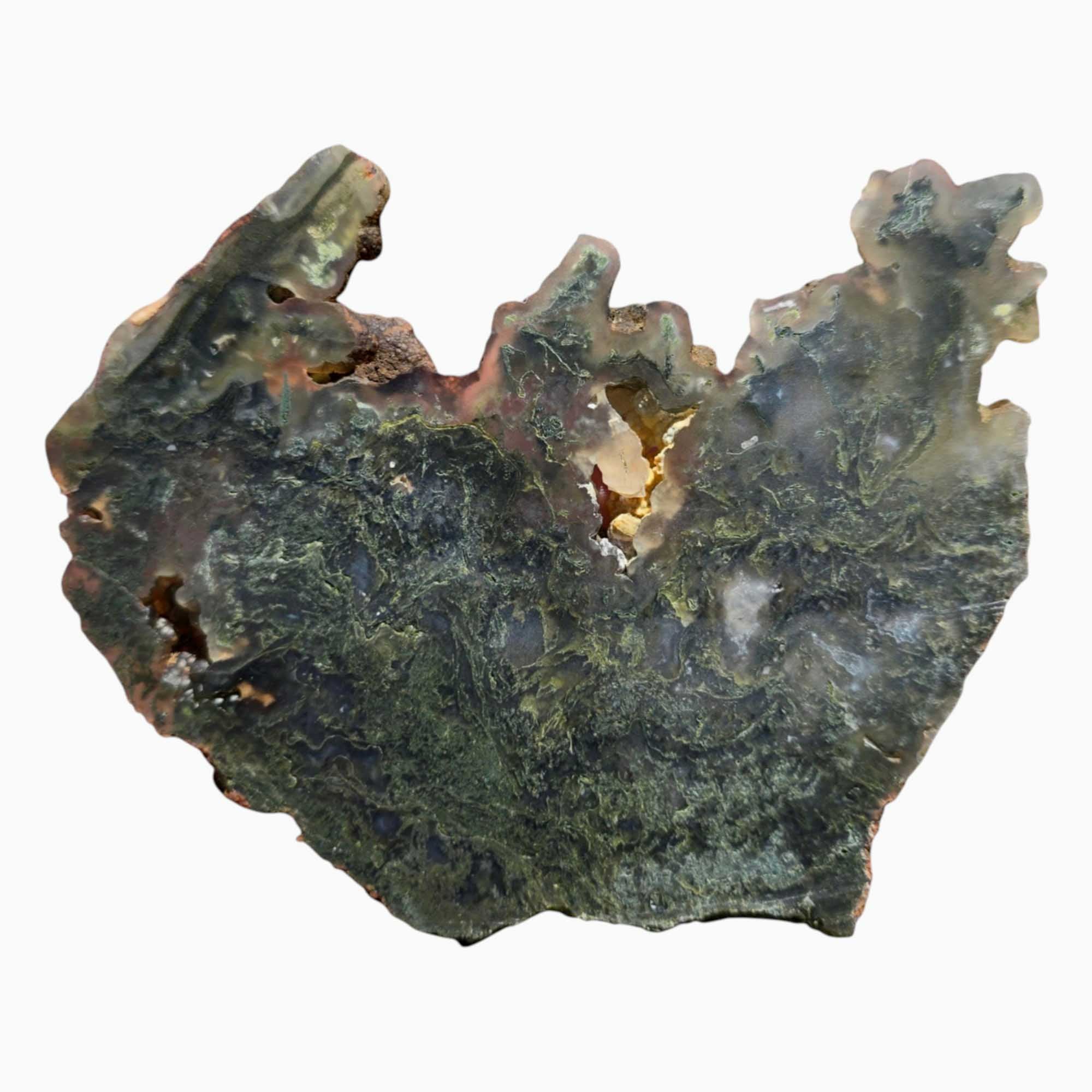 Maury Mountain Moss Agate Slab – Backlit Green Moss with Drusy Quartz