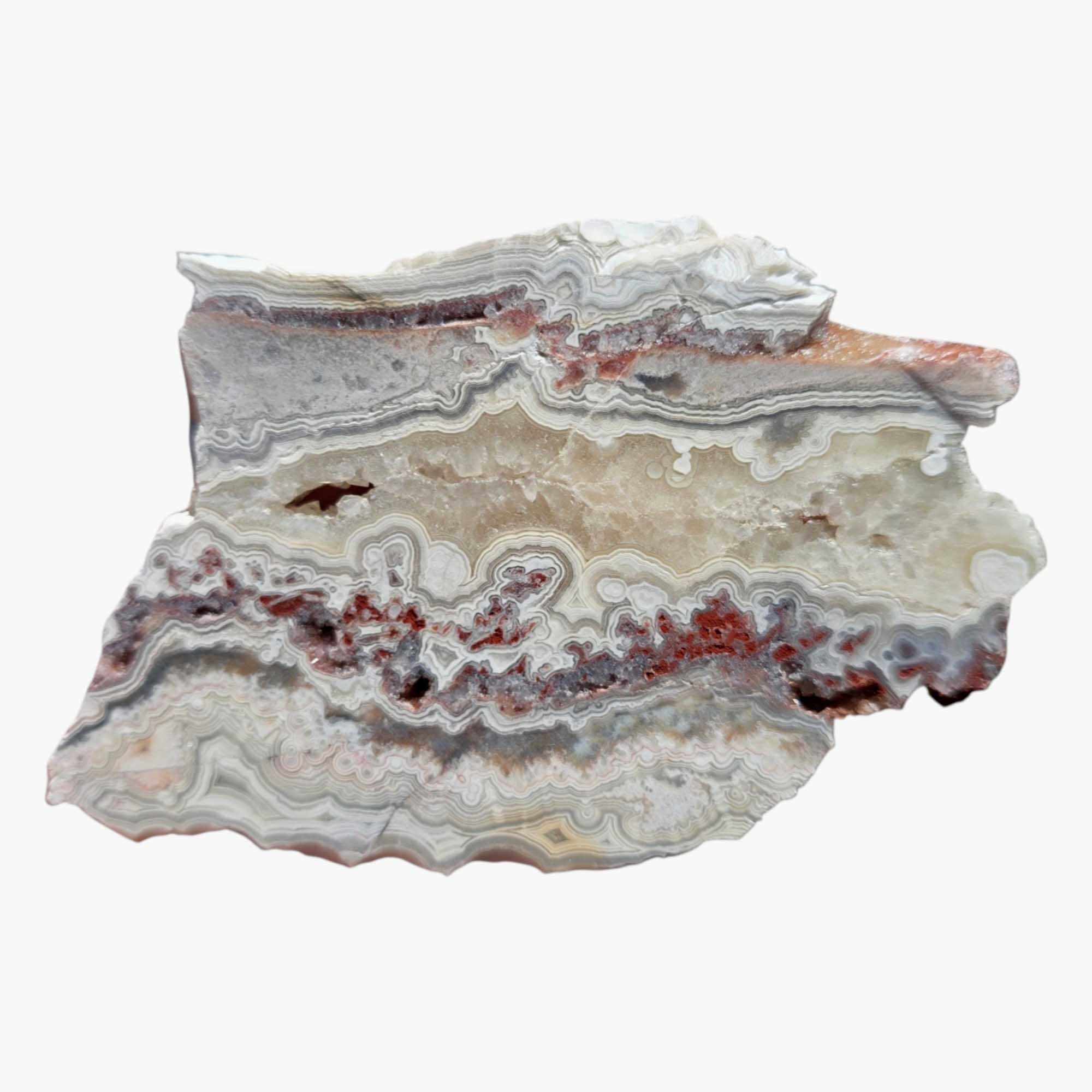 Crazy Lace Agate Slab – Frosty Whites with Quartz Calcite Center