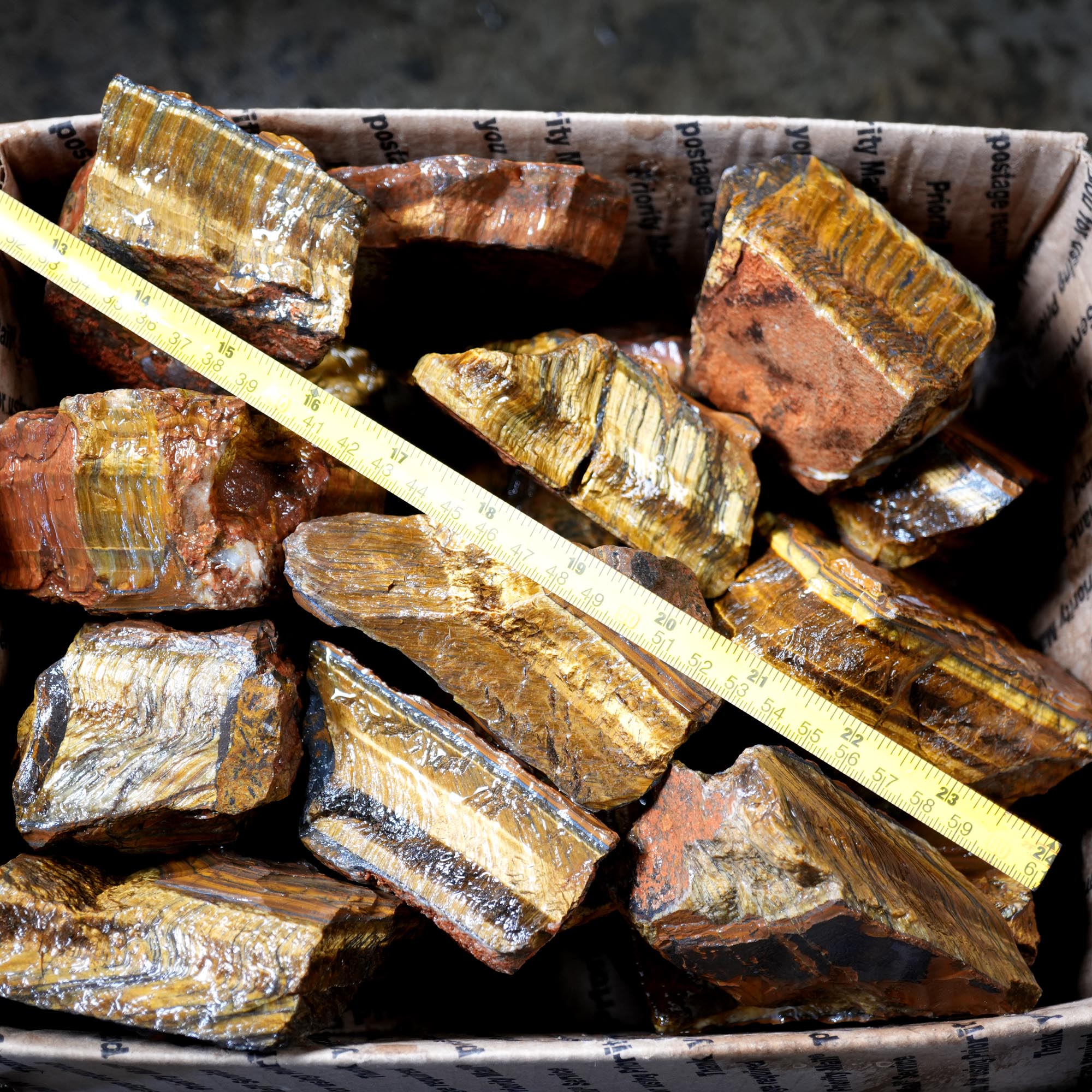 Variegated Golden Tiger Eye Rough Flatrate - Golden Flash Display Box